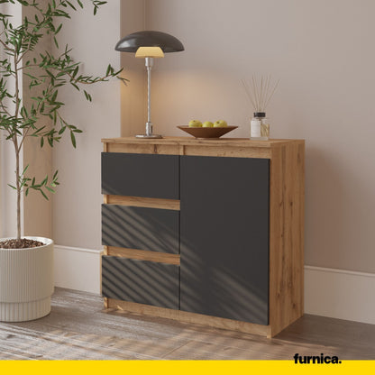 MIKEL - Komoda se 3 šuplíky a 1 dveřmi - Skříň na oblečení do ložnice - Wotan dub / antracit H75cm W80cm D35cm