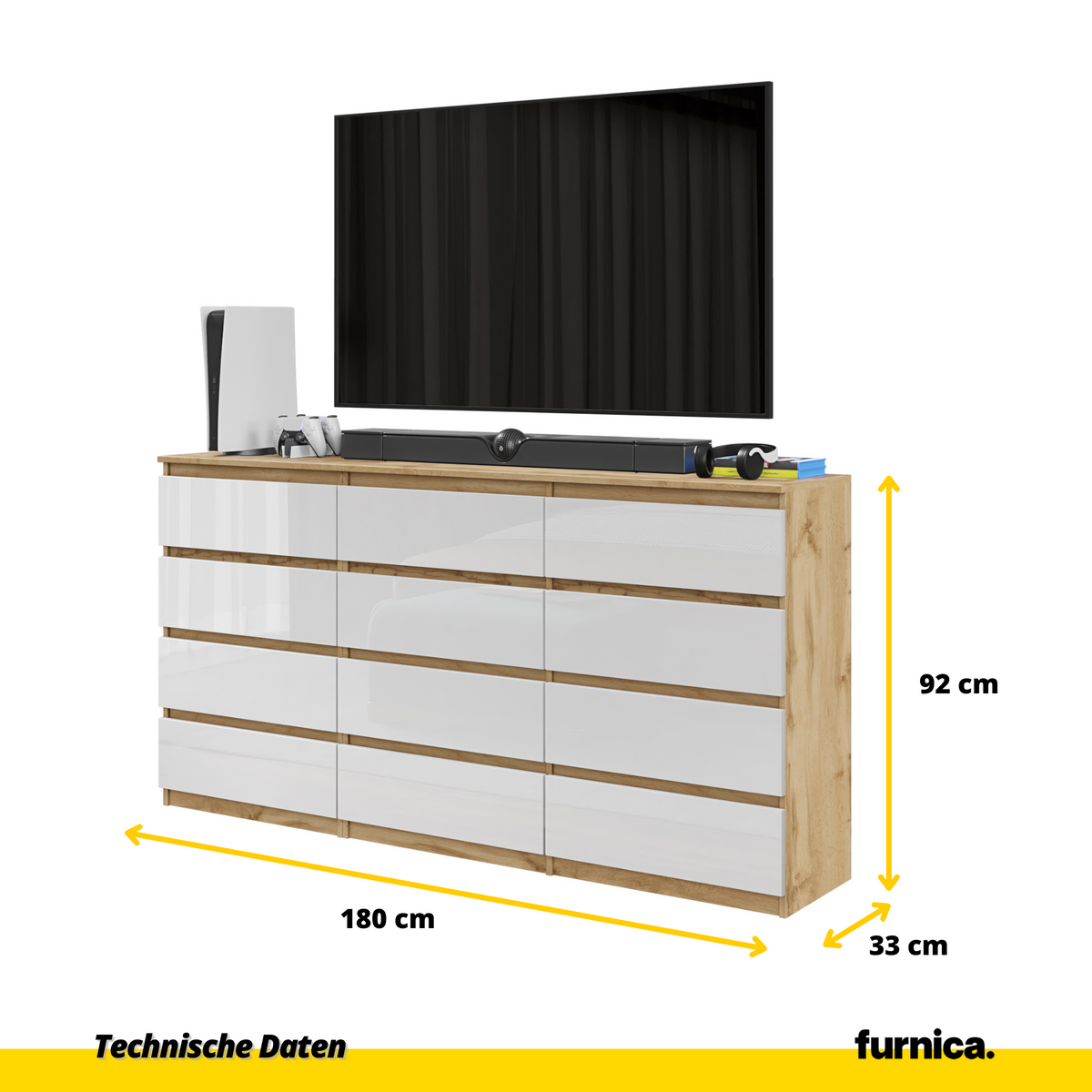 GABRIEL - Komoda se 12 šuplíky (8+4) - Skříň na oblečení do ložnice - Dub Wotan / Bílý lesk - H92cm Š180cm D33cm (2)