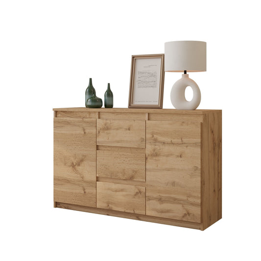 MIKEL - Komoda se 3 šuplíky a 2 dveřmi - Skříň na oblečení do ložnice - Skříňka na uložení - Wotan dub - V: 75 cm, Š: 120 cm, H: 35 cm