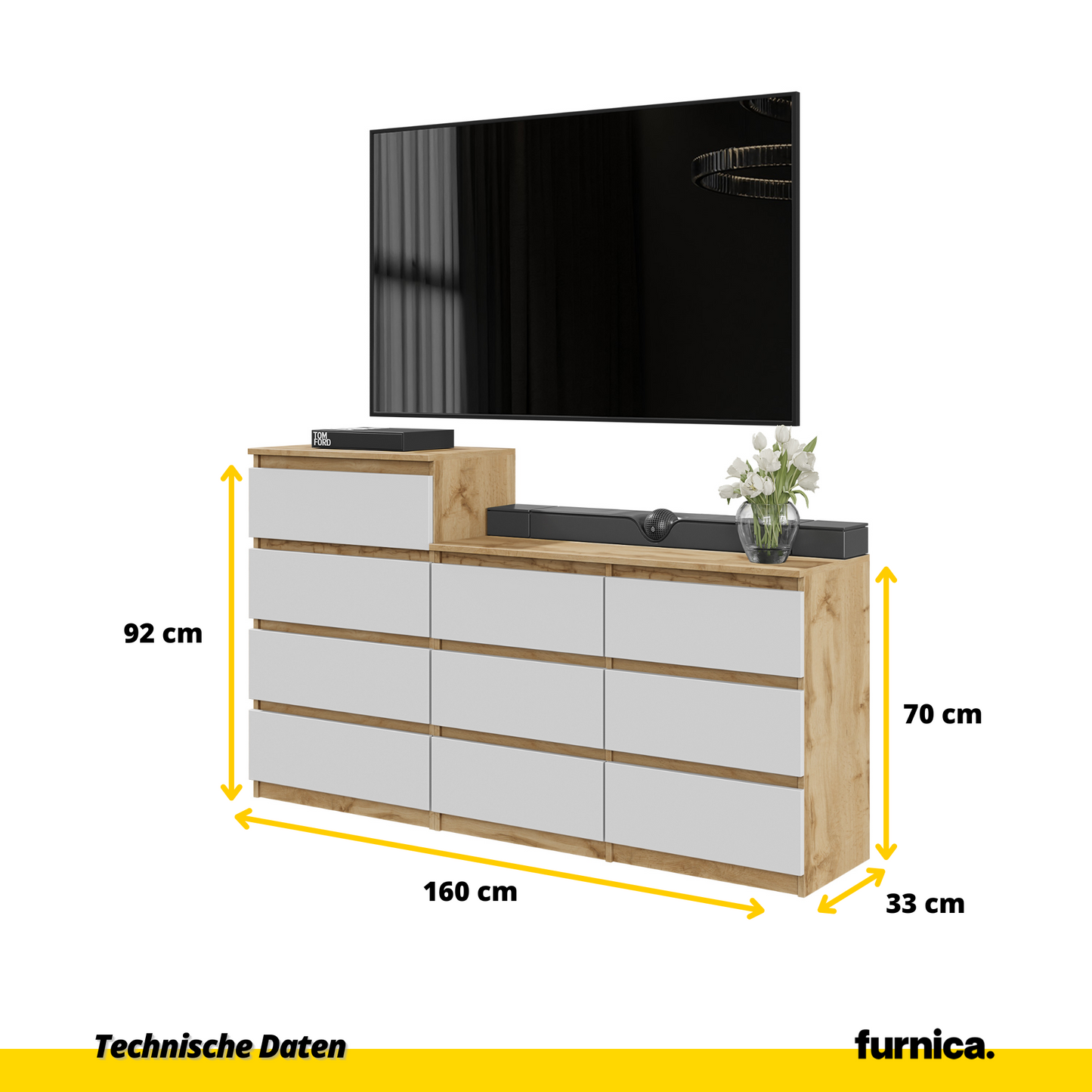 GABRIEL - Komoda se 10 šuplíky (6+4) - Skříň na oblečení do ložnice - Dub Wotan / Bílá matná - H92/70cm Š160cm D33cm (2)