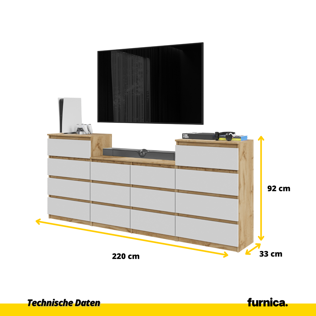 GABRIEL - Komoda se 14 šuplíky (4+6+4) - Skříň na oblečení do ložnice - Dub Wotan / Bílá matná - H92/70cm Š220cm D33cm (2)