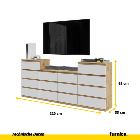 GABRIEL - Komoda se 14 šuplíky (4+6+4) - Skříň na oblečení do ložnice - Dub Wotan / Bílá matná - H92/70cm Š220cm D33cm (2)