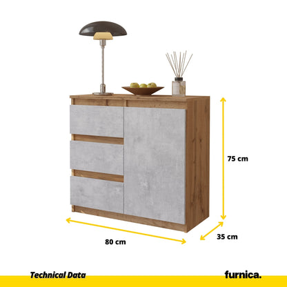 MIKEL - Komoda se 3 šuplíky a 1 dveřmi - Skříň na oblečení do ložnice - Wotan dub / beton - Výška 75 cm, šířka 80 cm, hloubka 35 cm.