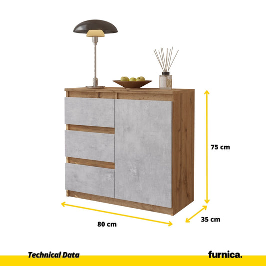 MIKEL - Komoda se 3 šuplíky a 1 dveřmi - Skříň na oblečení do ložnice - Wotan dub / beton - Výška 75 cm, šířka 80 cm, hloubka 35 cm.