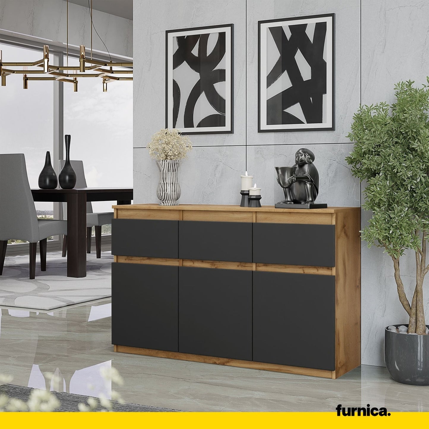 NOAH - Komoda se 3 šuplíky a 3 dveřmi - Skříň na uložení oblečení do ložnice - Wotan dub / antracit H75cm W120cm D35cm