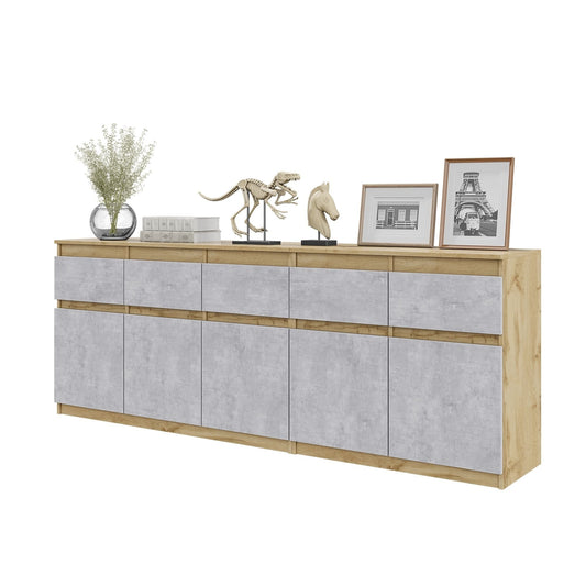 NOAH - Komoda se 5 šuplíky a 5 dveřmi - Skříň na uložení oblečení do ložnice - Wotan dub / beton - V: 75 cm, Š: 200 cm, H: 35 cm