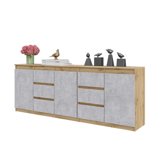 MIKEL - Komoda se 6 šuplíky a 3 dveřmi - Skříň na oblečení do ložnice - Wotan dub / beton - V: 75 cm, Š: 200 cm, H: 35 cm