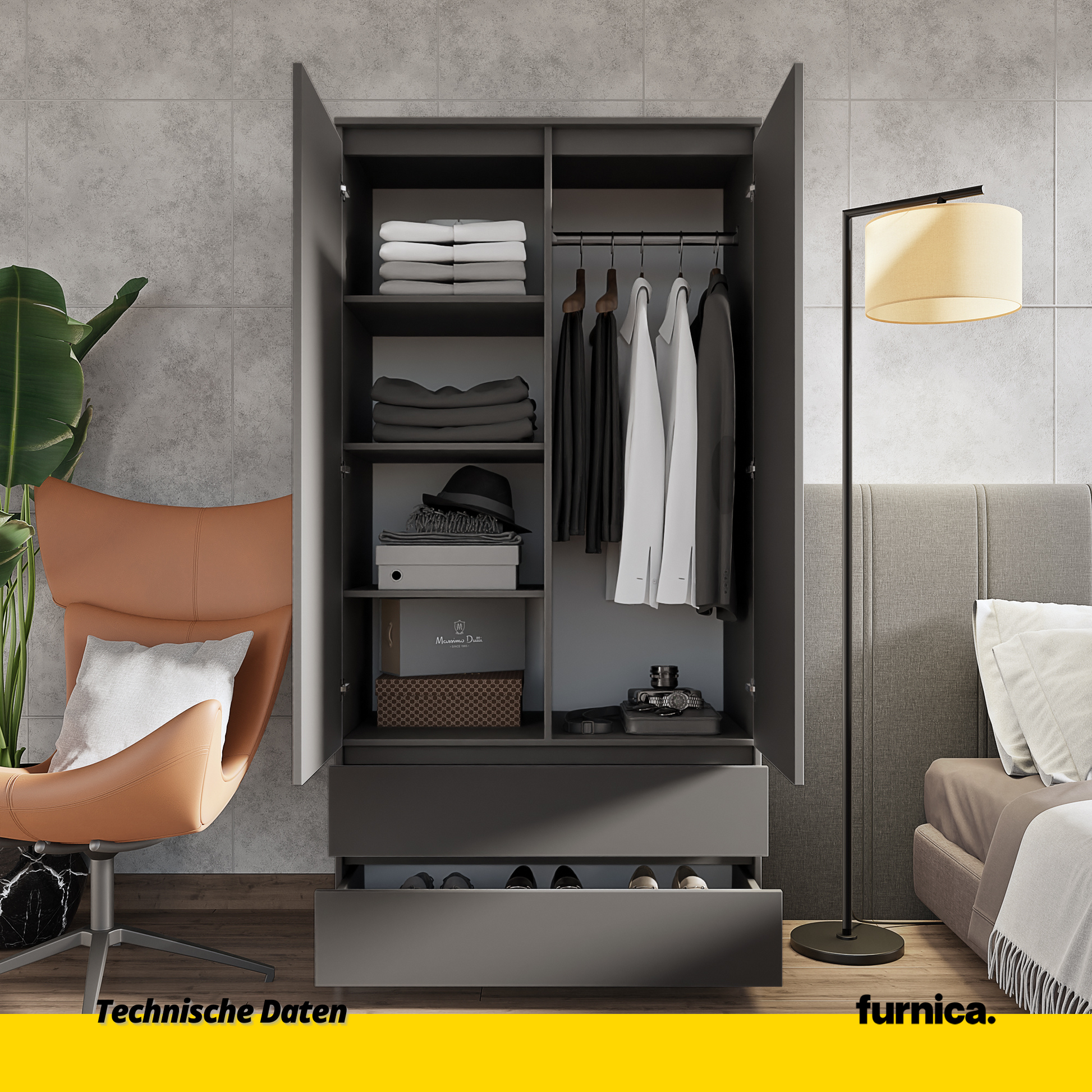 JOELLE - Skříň se 2 dveřmi a 2 zásuvkami - Antracit - H180cm Š90cm D50cm (4)