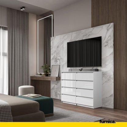 GABRIEL - Komoda se 8 šuplíky - Skříň na oblečení do ložnice - Bílý lesk H92cm Š120cm D33cm