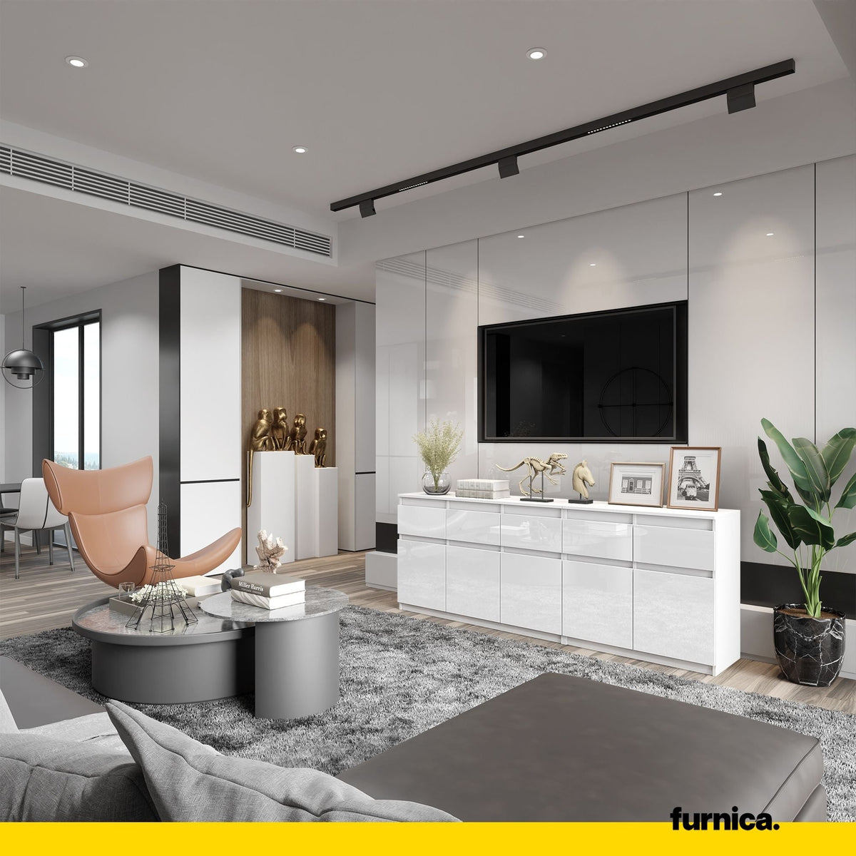 NOAH - Komoda se 5 šuplíky a 5 dveřmi - Skříň na uložení oblečení do ložnice - Bílý mat / Bílý lesk H75cm W200cm D35cm (3)