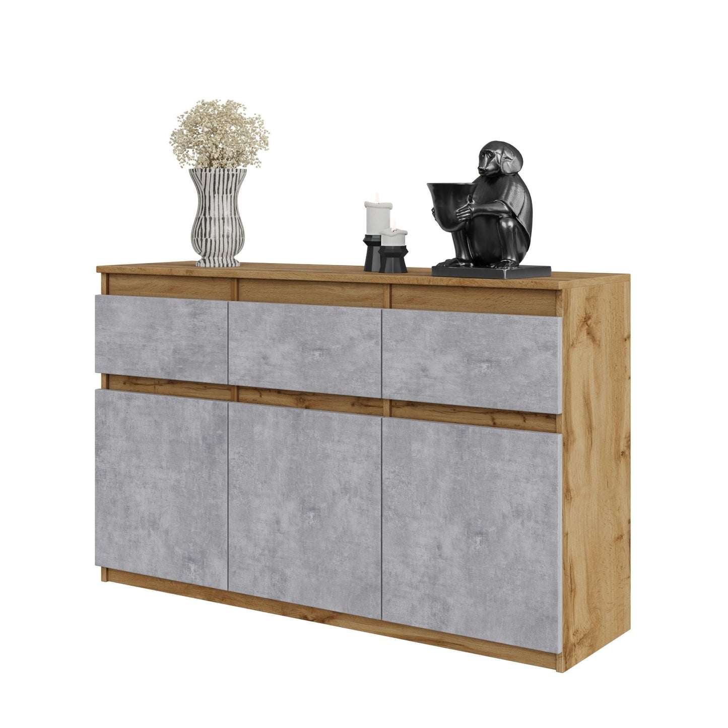 NOAH - Komoda se 3 šuplíky a 3 dveřmi - Skříň na uložení oblečení do ložnice - Wotan dub / beton - Výška 75 cm, šířka 120 cm, hloubka 35 cm.