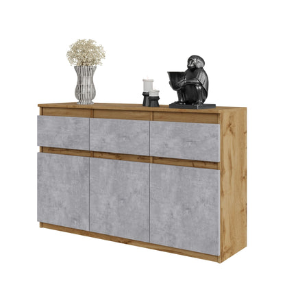 NOAH - Komoda se 3 šuplíky a 3 dveřmi - Skříň na uložení oblečení do ložnice - Wotan dub / beton - Výška 75 cm, šířka 120 cm, hloubka 35 cm.