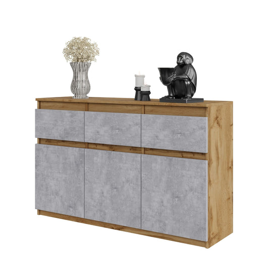 NOAH - Komoda se 3 šuplíky a 3 dveřmi - Skříň na uložení oblečení do ložnice - Wotan dub / beton - Výška 75 cm, šířka 120 cm, hloubka 35 cm.