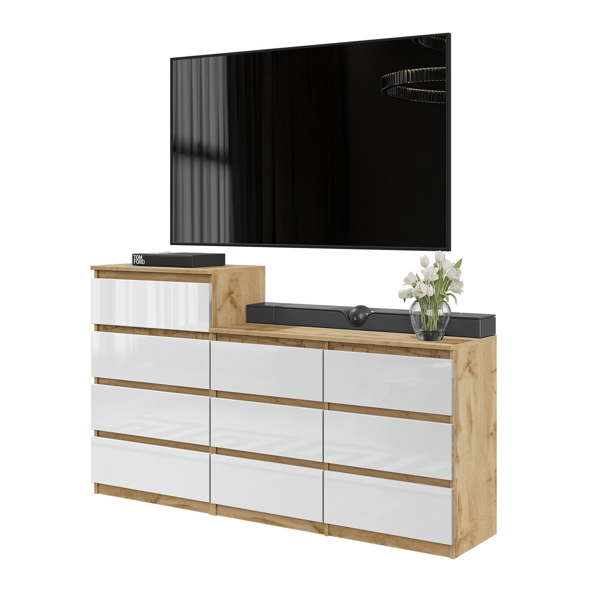GABRIEL - Komoda se 10 šuplíky (6+4) - Skříň na oblečení do ložnice - Dub Wotan / Bílý lesk - H92/70cm Š160cm D33cm