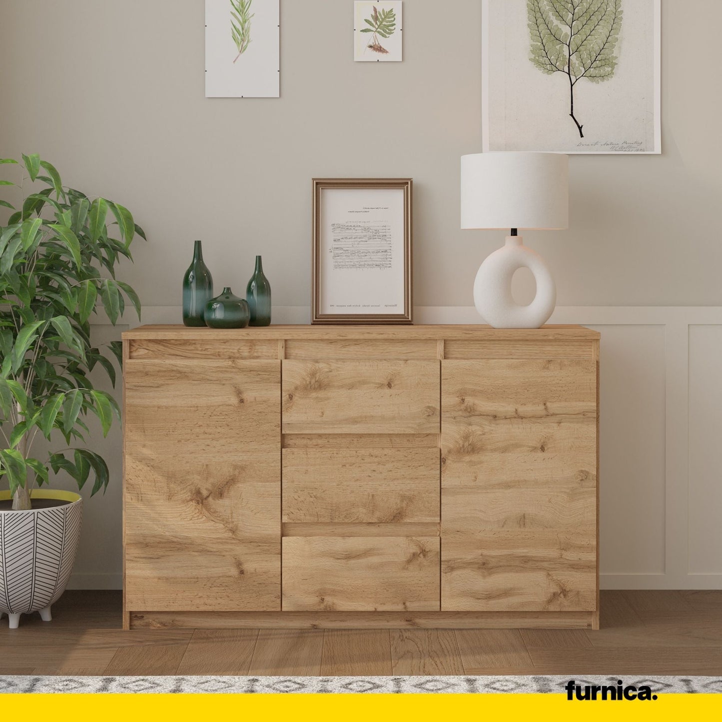 MIKEL - Komoda se 3 šuplíky a 2 dveřmi - Skříň na oblečení do ložnice - Skříňka na uložení - Wotan dub - V: 75 cm, Š: 120 cm, H: 35 cm
