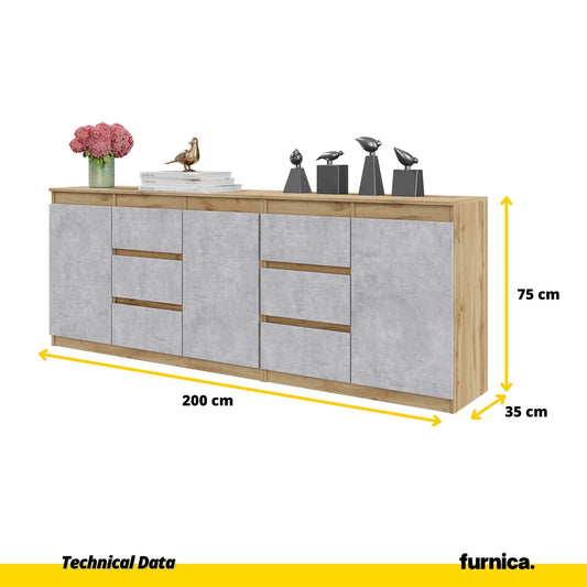 MIKEL - Komoda se 6 šuplíky a 3 dveřmi - Skříň na oblečení do ložnice - Wotan dub / beton - V: 75 cm, Š: 200 cm, H: 35 cm