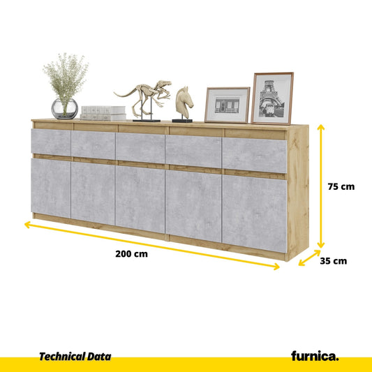 NOAH - Komoda se 5 šuplíky a 5 dveřmi - Skříň na uložení oblečení do ložnice - Wotan dub / beton - V: 75 cm, Š: 200 cm, H: 35 cm