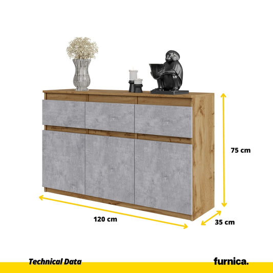 NOAH - Komoda se 3 šuplíky a 3 dveřmi - Skříň na uložení oblečení do ložnice - Wotan dub / beton - Výška 75 cm, šířka 120 cm, hloubka 35 cm.