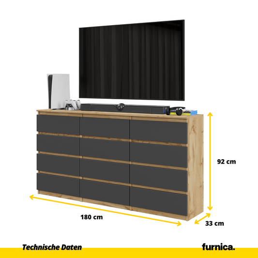 GABRIEL - Komoda se 12 šuplíky (8+4) - Skříň na oblečení do ložnice - Dub Wotan / Antracit - H92cm Š180cm D33cm (2)