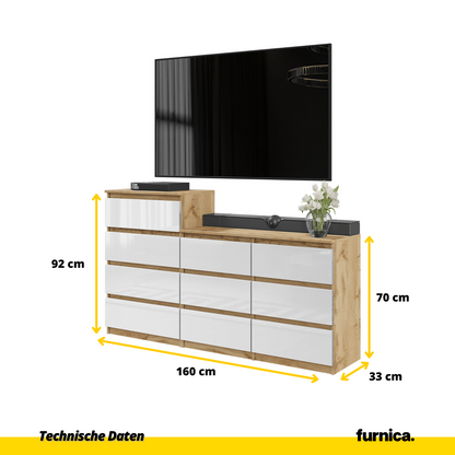 GABRIEL - Komoda se 10 šuplíky (6+4) - Skříň na oblečení do ložnice - Dub Wotan / Bílý lesk - H92/70cm Š160cm D33cm (2)