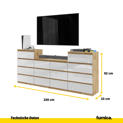 GABRIEL - Komoda se 14 šuplíky (4+6+4) - Skříň na oblečení do ložnice - Dub Wotan / Bílý lesk - H92/70cm Š220cm D33cm (2)