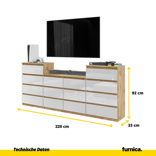 GABRIEL - Komoda se 14 šuplíky (4+6+4) - Skříň na oblečení do ložnice - Dub Wotan / Bílý lesk - H92/70cm Š220cm D33cm (2)