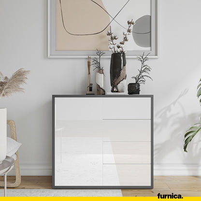 CAMILLE - Skříň s dvířky a 4 zásuvkami s funkcí push to open - antracit / bílý lesk H74cm W80cm D36cm (3) – Furnica
