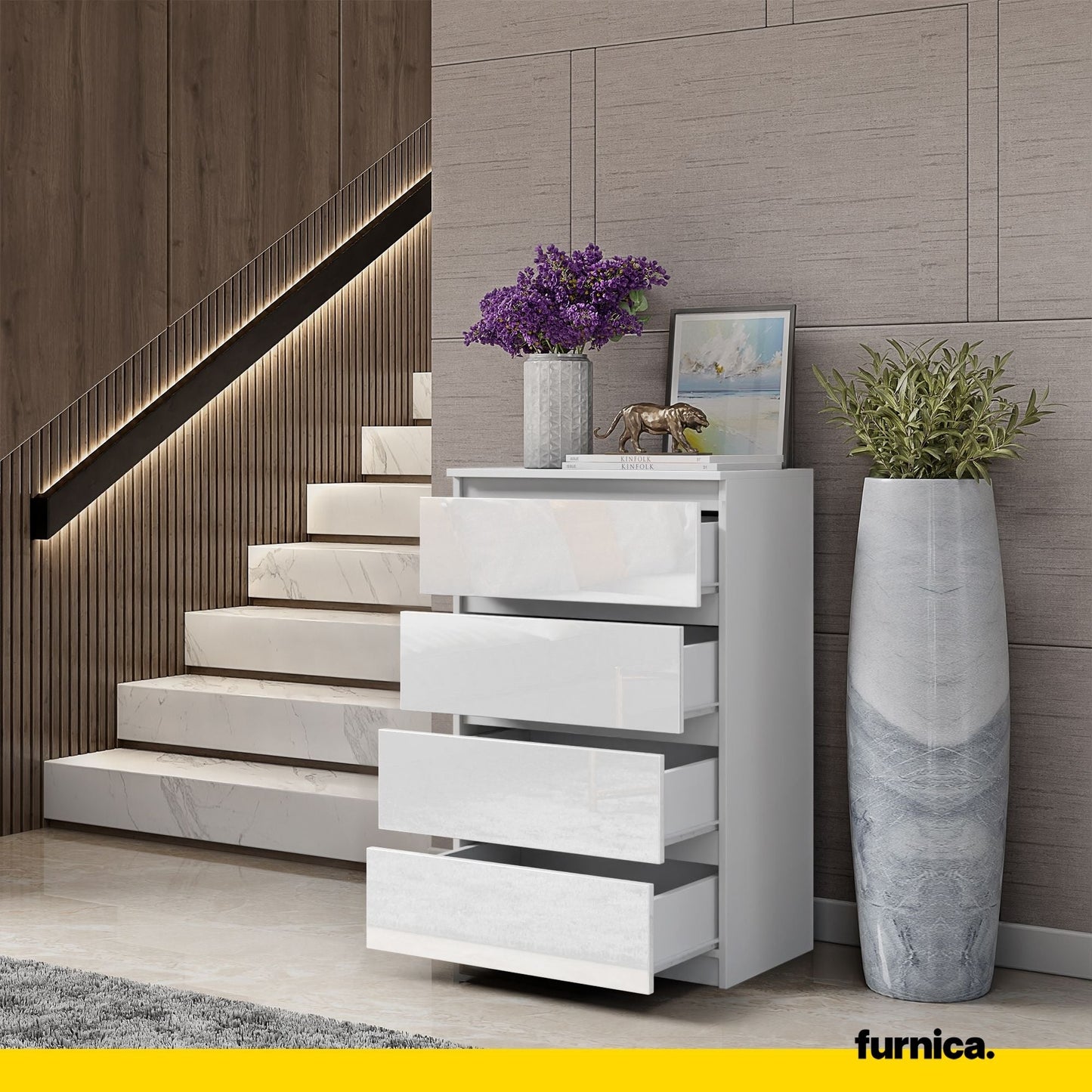 GABRIEL - Komoda se 4 šuplíky - Skříň na oblečení do ložnice - Bílý mat / Bílý lesk H92cm Š60cm D33cm (4) – Furnica