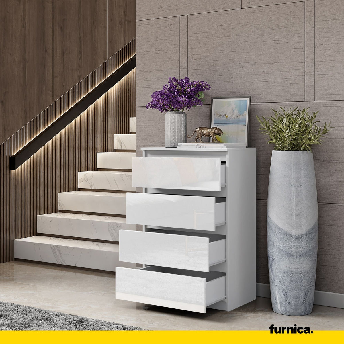 GABRIEL - Komoda se 4 šuplíky - Skříň na oblečení do ložnice - Bílý mat / Bílý lesk H92cm Š60cm D33cm (4) – Furnica