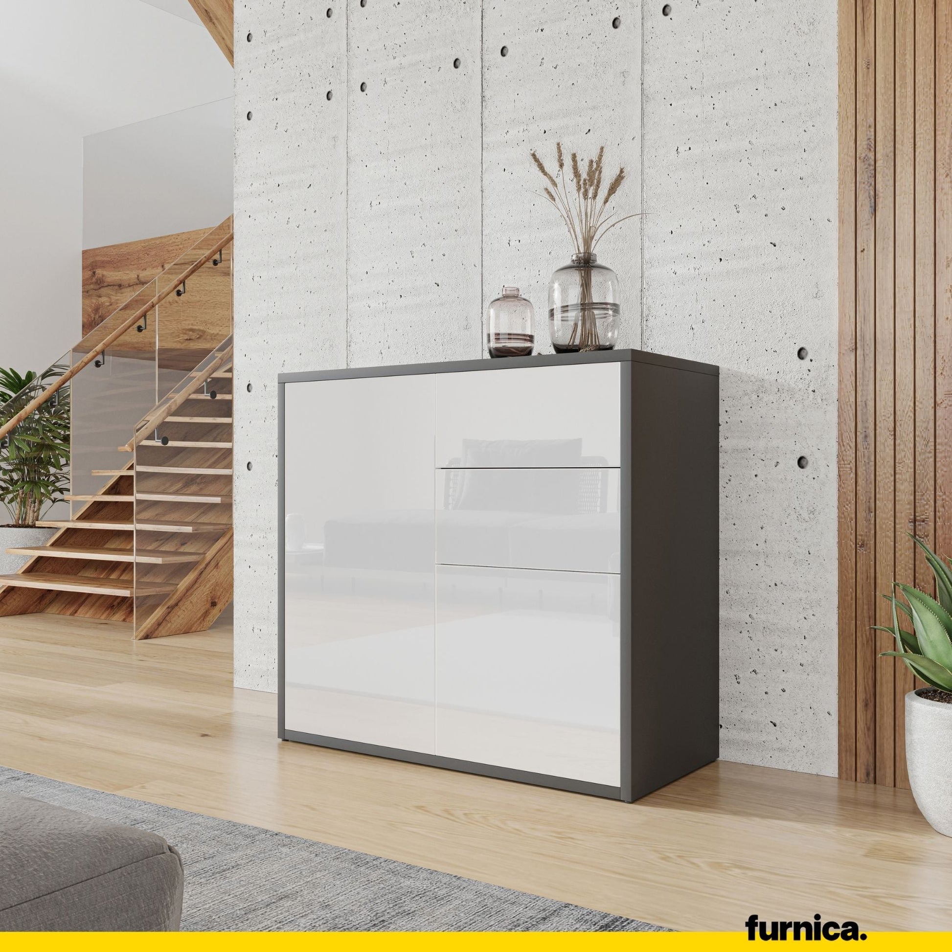 CAMILLE - Skříň s dvěma dveřmi a dvěma šuplíky s funkcí push to open - antracit / bílý lesk H74cm W80cm D36cm (4) – Furnica