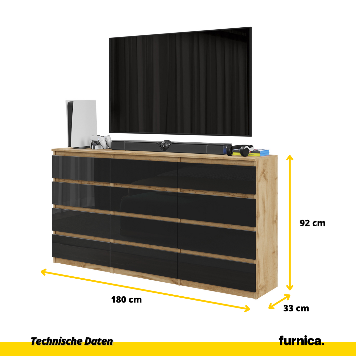 GABRIEL - Komoda se 12 šuplíky (8+4) - Skříň na oblečení do ložnice - Dub Wotan / Černý lesk - H92cm Š180cm D33cm (2)