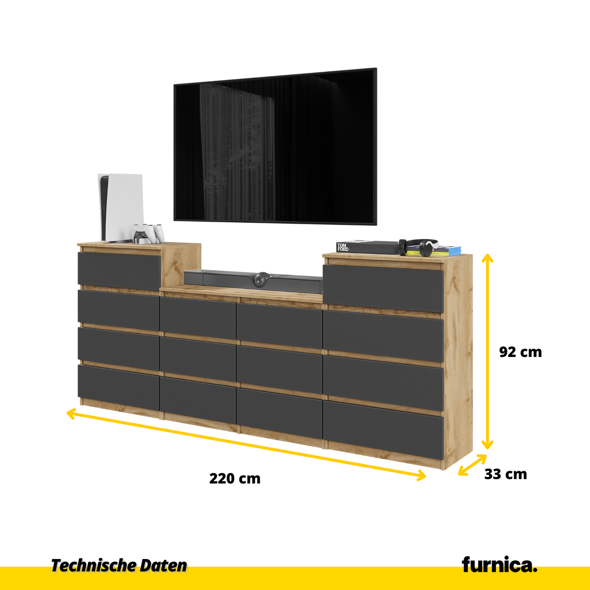 GABRIEL - Komoda se 14 šuplíky (4+6+4) - Skříň na oblečení do ložnice - Dub Wotan / Antracit - H92/70cm Š220cm D33cm (2)