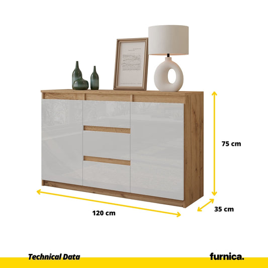 MIKEL - Komoda se 3 šuplíky a 2 dveřmi - Skříň na oblečení do ložnice - Wotan dub / Bílý lesk- Výška 75 cm, šířka 120 cm, hloubka 35 cm.
