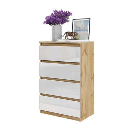 GABRIEL - Komoda se 4 šuplíky - Skříň na oblečení do ložnice - Dub Wotan / Bílý lesk - H92cm Š60cm D33cm