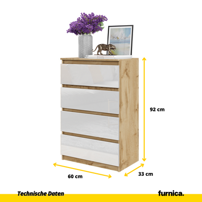 GABRIEL - Komoda se 4 šuplíky - Skříň na oblečení do ložnice - Dub Wotan / Bílý lesk - H92cm Š60cm D33cm (2)