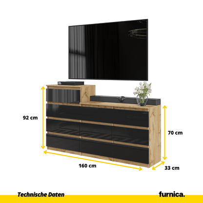 GABRIEL - Komoda se 10 šuplíky (6+4) - Skříň na oblečení do ložnice - Dub Wotan / Černý lesk - H92/70cm Š160cm D33cm (2)