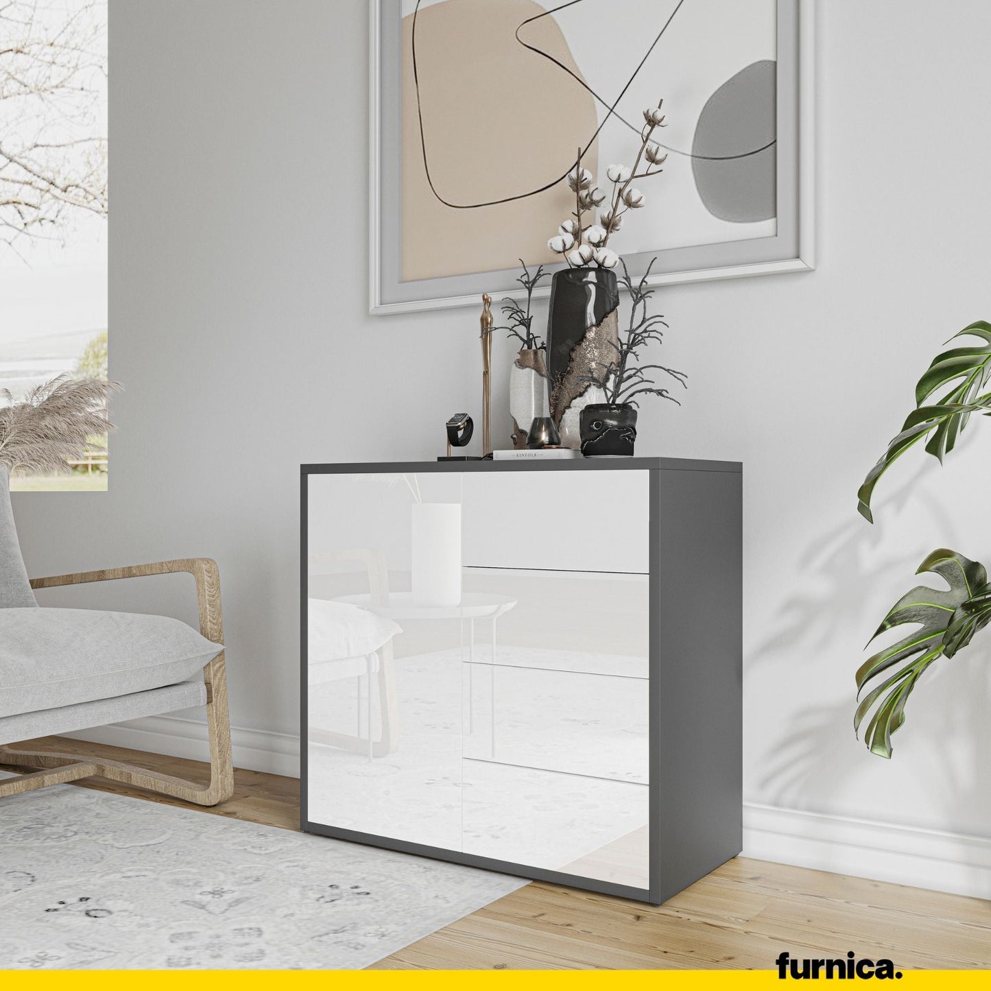 CAMILLE - Skříň s dvířky a 4 zásuvkami s funkcí push to open - antracit / bílý lesk H74cm W80cm D36cm (4) – Furnica