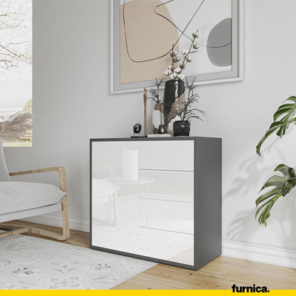 CAMILLE - Skříň s dvířky a 4 zásuvkami s funkcí push to open - antracit / bílý lesk H74cm W80cm D36cm (4) – Furnica