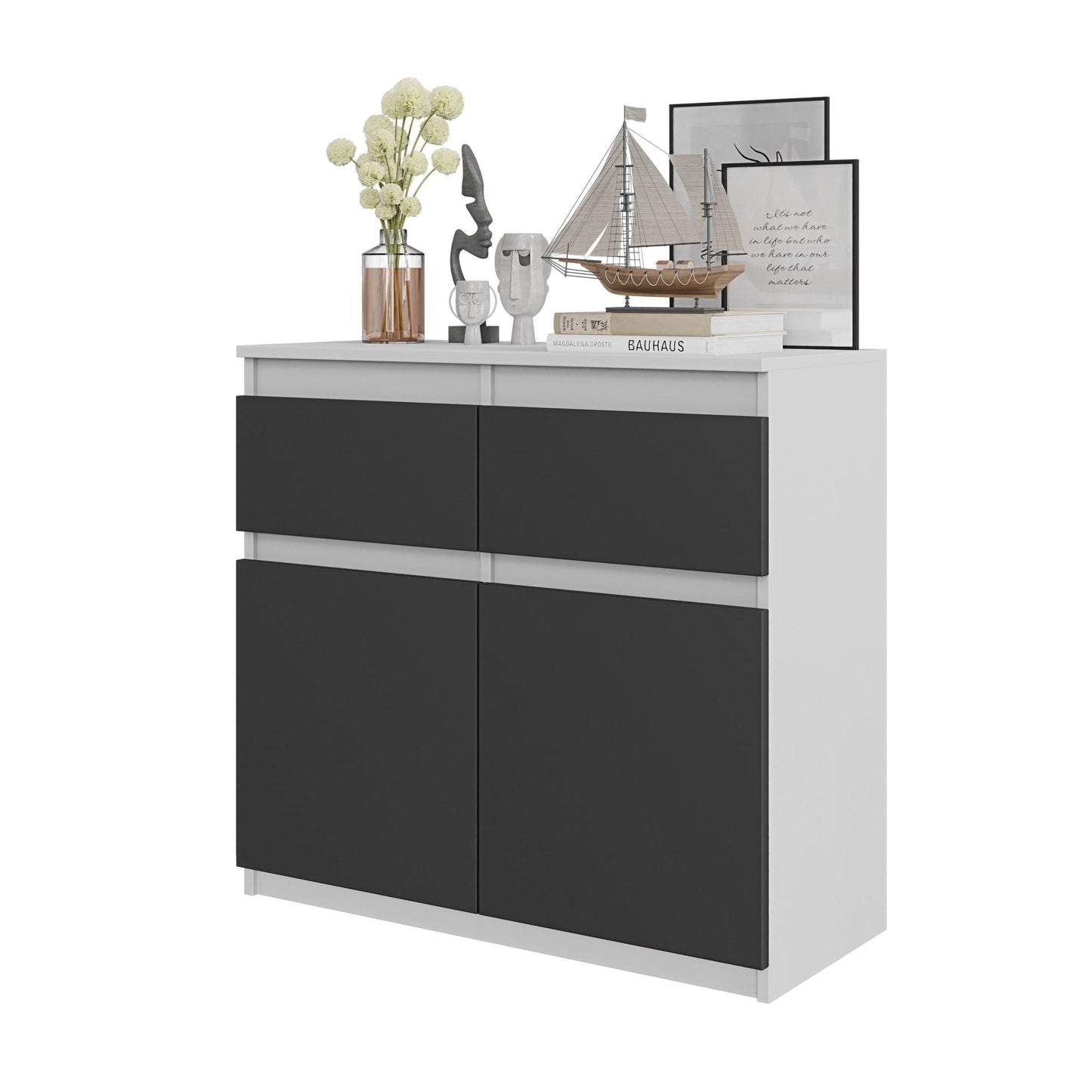 NOAH - Komoda se 2 šuplíky a 2 dveřmi - Skříň na uložení oblečení do ložnice - Bílý mat / Antracit H75cm W80cm D35cm