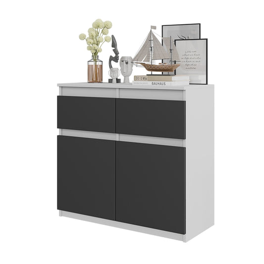 NOAH - Komoda se 2 šuplíky a 2 dveřmi - Skříň na uložení oblečení do ložnice - Bílý mat / Antracit H75cm W80cm D35cm