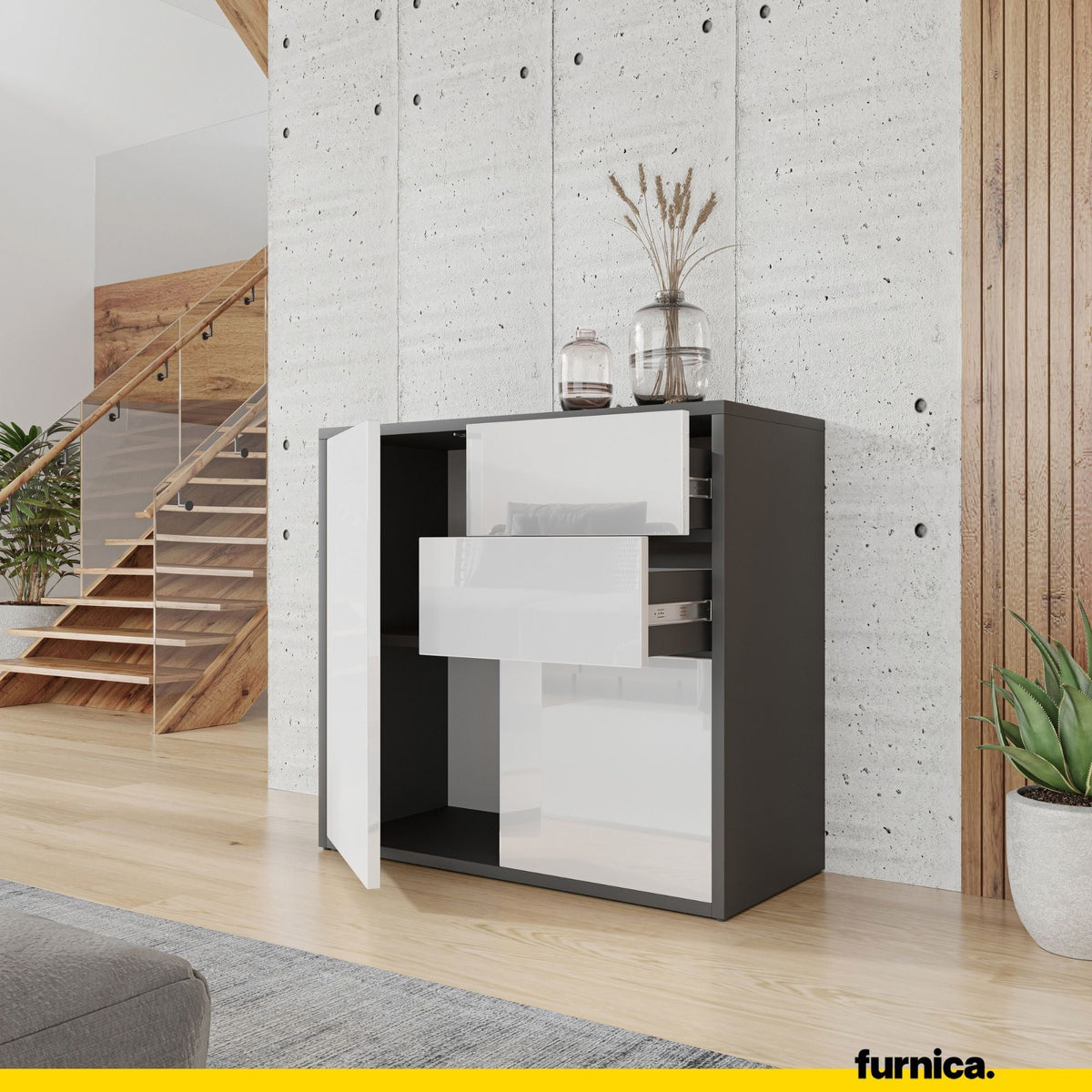 CAMILLE - Skříň s dvěma dveřmi a dvěma šuplíky s funkcí push to open - antracit / bílý lesk H74cm W80cm D36cm (5) – Furnica
