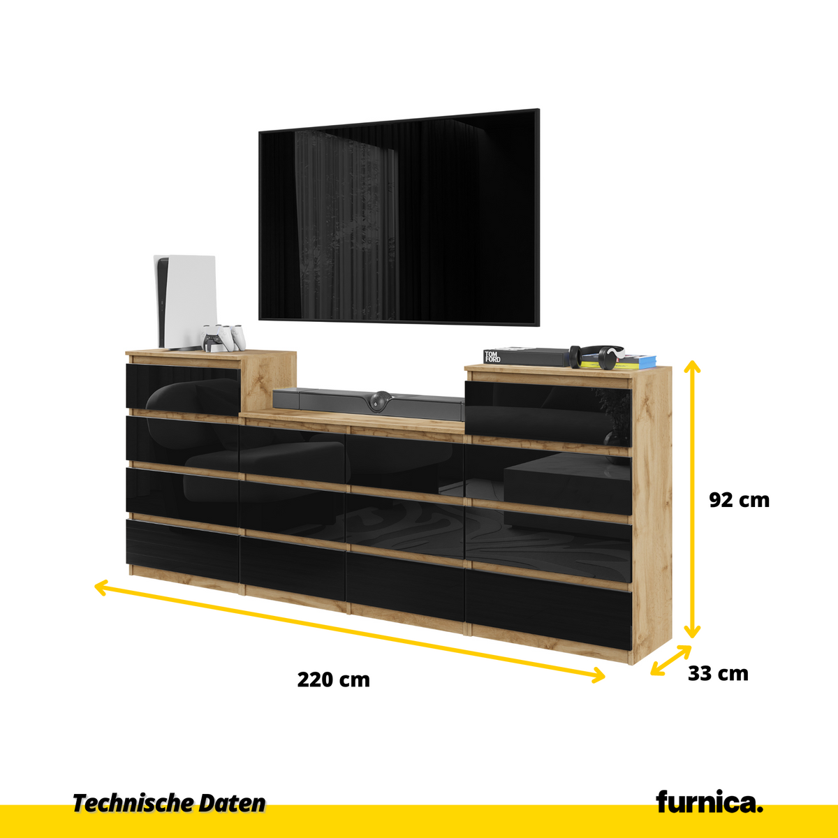 GABRIEL - Komoda se 14 šuplíky (4+6+4) - Skříň na oblečení do ložnice - Dub Wotan / Černý lesk - H92/70cm Š220cm D33cm (2)