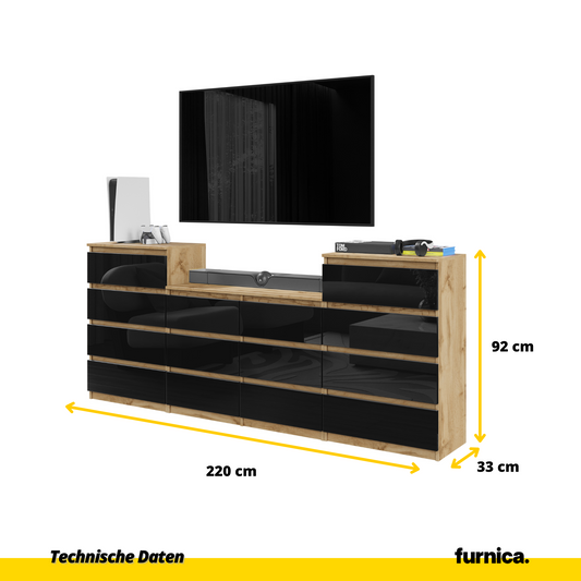 GABRIEL - Komoda se 14 šuplíky (4+6+4) - Skříň na oblečení do ložnice - Dub Wotan / Černý lesk - H92/70cm Š220cm D33cm (2)