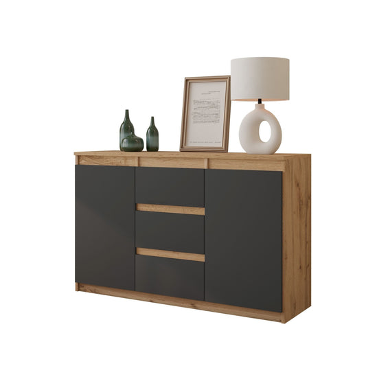 MIKEL - Komoda se 3 šuplíky a 2 dveřmi - Skříň na oblečení do ložnice - Wotan dub / antracit H75cm W120cm D35cm