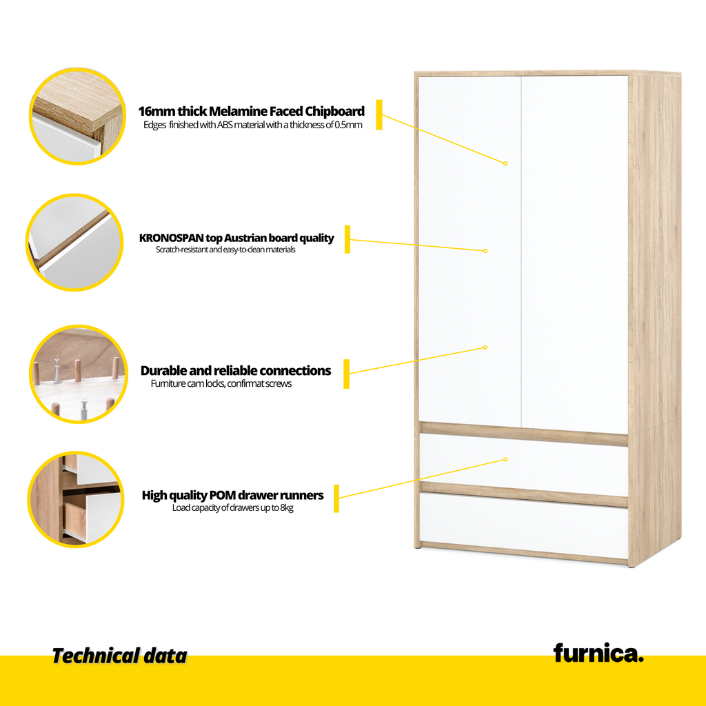 JOELLE - Skříň se 2 dveřmi a 2 zásuvkami - Sonoma dub / bílý matný - Výška 180 cm, šířka 90 cm, hloubka 50 cm.