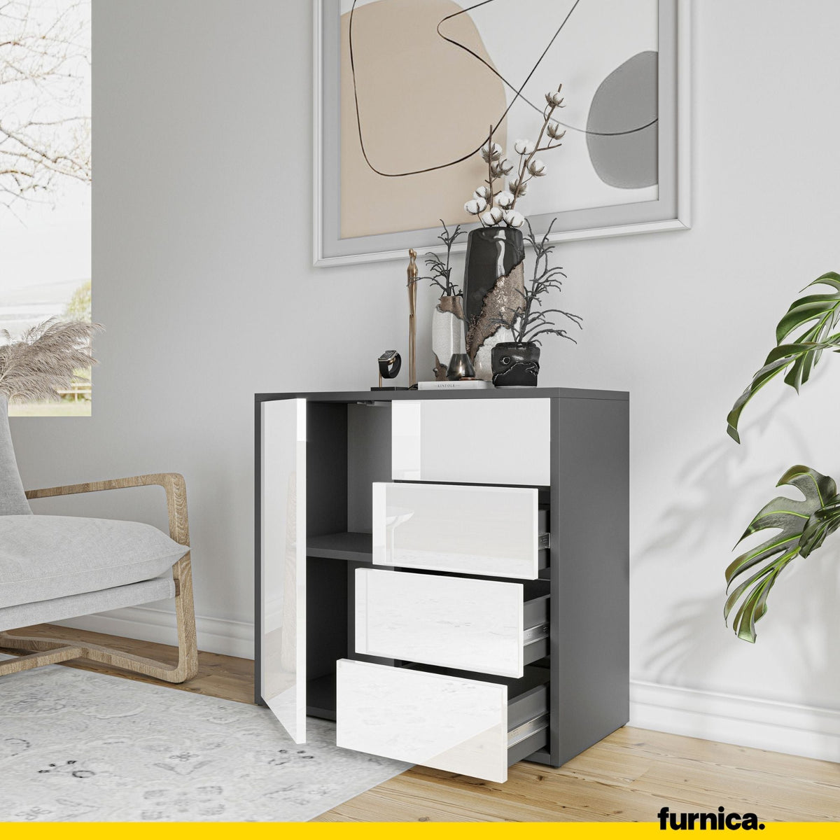 CAMILLE - Skříň s dvířky a 4 zásuvkami s funkcí push to open - antracit / bílý lesk H74cm W80cm D36cm (5) – Furnica