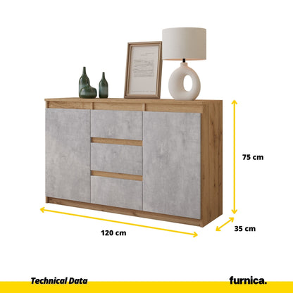 MIKEL - Komoda se 3 šuplíky a 2 dveřmi - Skříň na oblečení do ložnice - Skříň na uložení věcí - Wotan dub / beton - Výška 75 cm, šířka 120 cm, hloubka 35 cm.