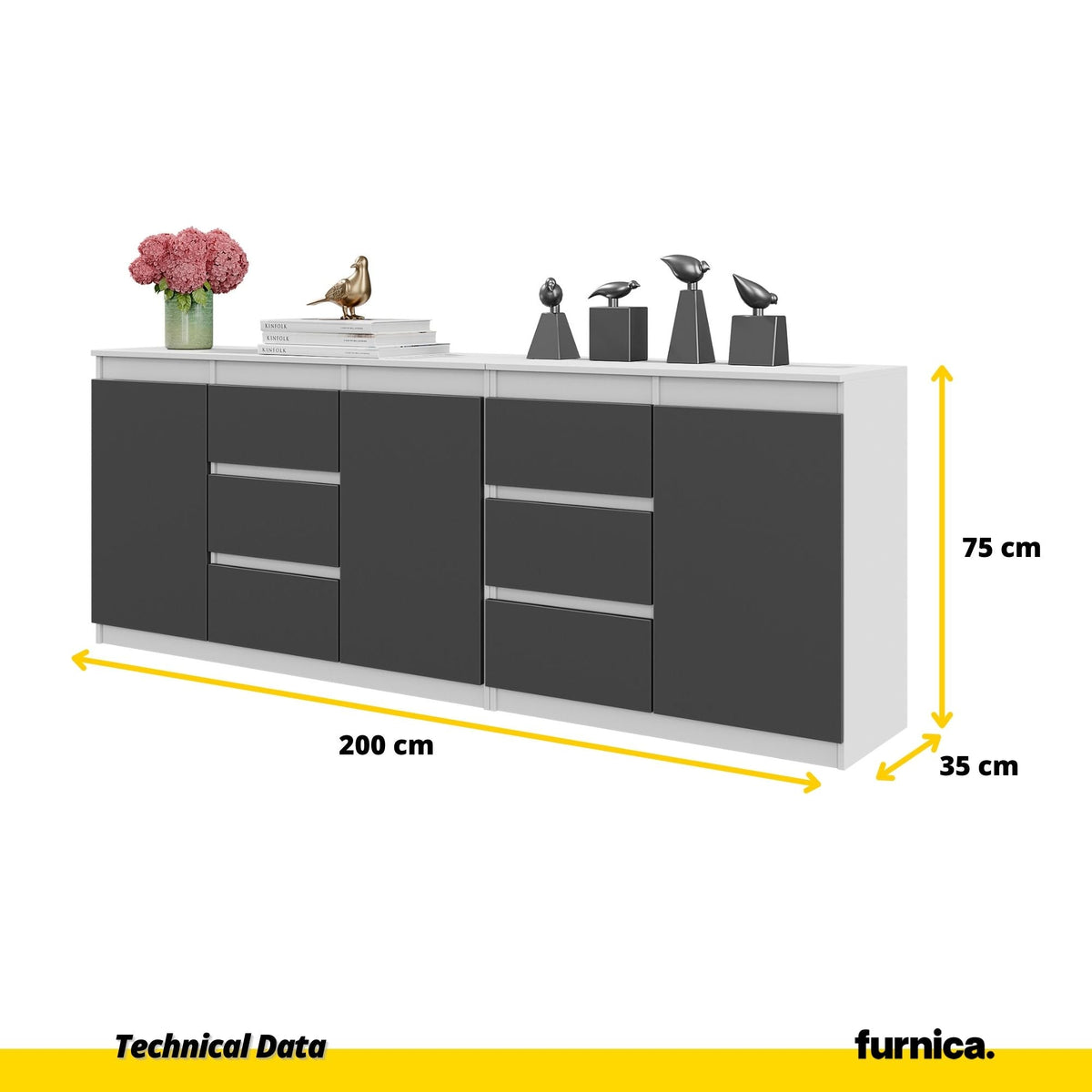 MIKEL - Komoda se 6 šuplíky a 3 dveřmi - Skříň na oblečení do ložnice - Bílý mat / Antracit - Výška 75 cm, šířka 200 cm, (2)