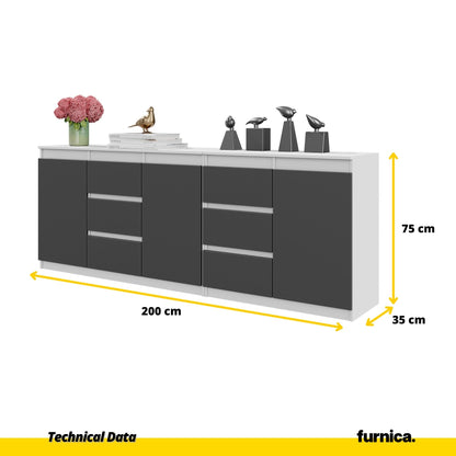 MIKEL - Komoda se 6 šuplíky a 3 dveřmi - Skříň na oblečení do ložnice - Bílý mat / Antracit - Výška 75 cm, šířka 200 cm, (2)