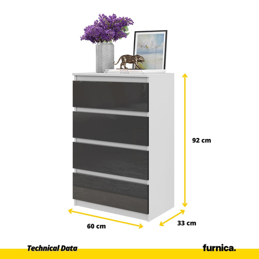 GABRIEL - Komoda se 4 šuplíky - Skříň na oblečení do ložnice - Bílý mat / Antracit lesk - Výška 92 cm, šířka 60 cm, hloubka 33 cm.